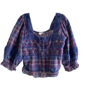 American Eagle Cottagecore Cropped Ballon Sleeves Blue Cotton Top Blouse